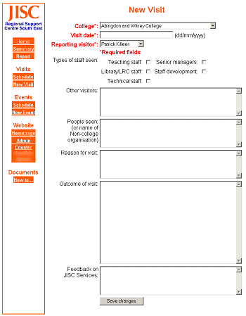 Screenshot of the New Visit form