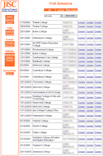 Screenshot of the Visit Scedule